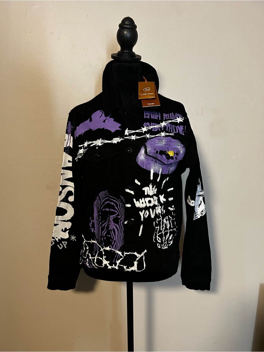 Crysp Denim Black Jacket with Purple & White Graphics